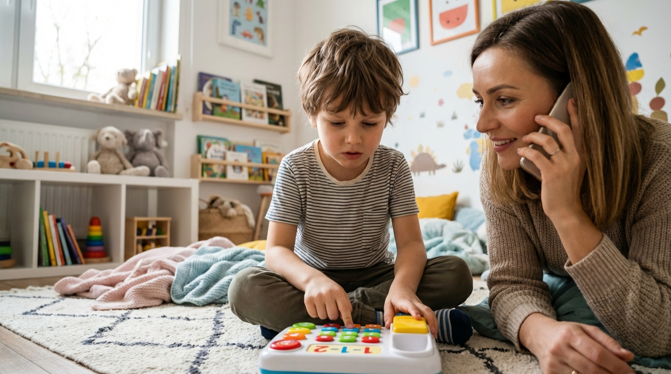 Dziecko ćwiczy rozmowę z dyspozytorem 112