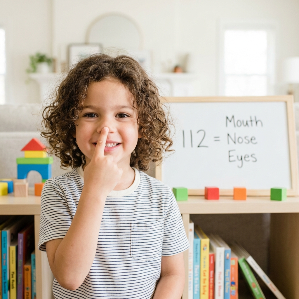 Dziecko pokazuje nos, buzię, oczka